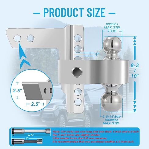 وصلة وصلة مقطورة قابلة للتعديل مقاس 2.5 بوصة (وصلة وصلة مقطورة 2 بوصة × 2 5/16 بوصة) كرة مزدوجة من الفولاذ المقاوم للصدأ تناسب مستقبل المقطورة 2.5 بوصة فقط، وصلة ربط ألومنيوم قطرة/ارتفاع 6 بوصة، 10000 رطل GTW للشاحنة الثقيلة in Kuwait