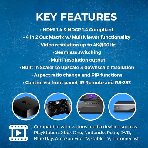 OREI Quad Multi HDMI Viewer 4 in 2 Out, HDMI Matrix Switcher 4 Ports Seamless Switching and IR Remote Supports 4K PIP PS5/PC/DVD/Security Camera, HDMI Switch RS-232 Optical Out - HDS-402MV in Saudi Arabia