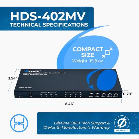 OREI Quad Multi HDMI Viewer 4 in 2 Out, HDMI Matrix Switcher 4 Ports Seamless Switching and IR Remote Supports 4K PIP PS5/PC/DVD/Security Camera, HDMI Switch RS-232 Optical Out - HDS-402MV in Saudi Arabia