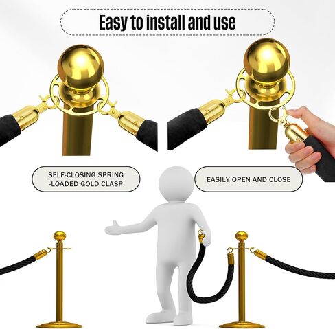 16 قطعة من حبل ستانشيون المخملي من Woanger، حبل حاجز أمان سميك بطول 5 أقدام، حبل حاجز للتحكم في الحشود مع خطافات مطلية بالذهب، حبل سجاد معلق لحفلات عرض الأفلام وحفلات الفندق (أسود) in Kuwait