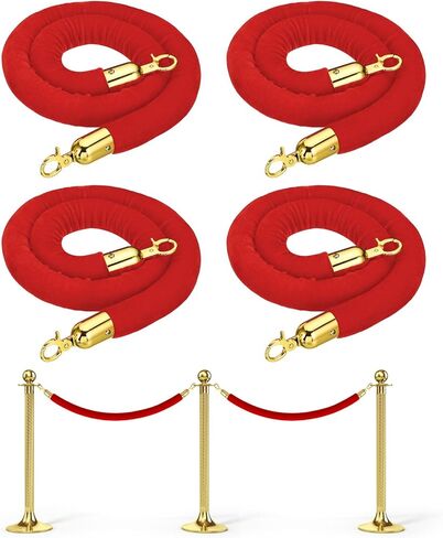 حبل عمود مخملي أحمر بطول 5 أقدام من باتيكل، 4 قطع من حبل حاجز التحكم في الحشود مع خطافات المفاجئة للأعمدة ومقسم طابور مسرح الفندق، ذهبي in Kuwait