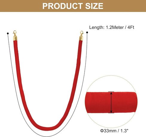 حبل عمود مخملي أحمر بطول 5 أقدام من باتيكل، 4 قطع من حبل حاجز التحكم في الحشود مع خطافات المفاجئة للأعمدة ومقسم طابور مسرح الفندق، ذهبي in Kuwait