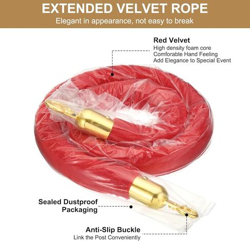حبل عمود مخملي أحمر بطول 5 أقدام من باتيكل، 4 قطع من حبل حاجز التحكم في الحشود مع خطافات المفاجئة للأعمدة ومقسم طابور مسرح الفندق، ذهبي in Kuwait