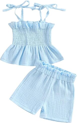 VISGOGO Infant Baby Toddler Girls Summer Clothes Solid Color Sleeveless Camisole Linen Short Set Baby Summer Outfits in Saudi Arabia