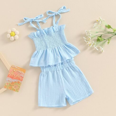 VISGOGO Infant Baby Toddler Girls Summer Clothes Solid Color Sleeveless Camisole Linen Short Set Baby Summer Outfits in Saudi Arabia