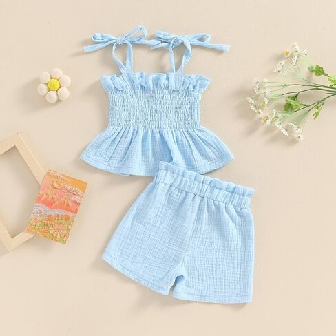 VISGOGO Infant Baby Toddler Girls Summer Clothes Solid Color Sleeveless Camisole Linen Short Set Baby Summer Outfits in Saudi Arabia