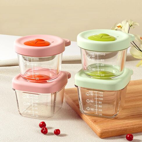 CUAIBB Baby Bowls,4 Pack Baby Food Storage Containers, 4.39+5.4 oz Glass Baby Food Containers - Leakproof Storage Jars with Breathable Holes Lids (Green Pink - 4 Set) in Saudi Arabia