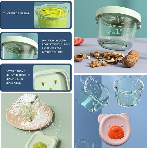 CUAIBB Baby Bowls,4 Pack Baby Food Storage Containers, 4.39+5.4 oz Glass Baby Food Containers - Leakproof Storage Jars with Breathable Holes Lids (Green Pink - 4 Set) in Kuwait