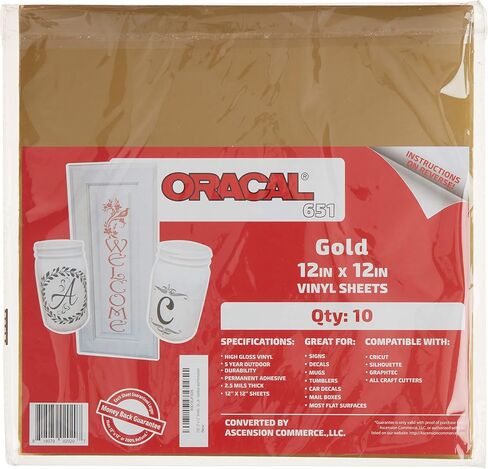(10) 12" x 12" Sheets - Oracal 651 Gold Adhesive Craft Vinyl for Cricut, Silhouette, Cameo, Craft Cutters, Printers, and Decals - Gloss Finish - Outdoor and Permanent in Saudi Arabia