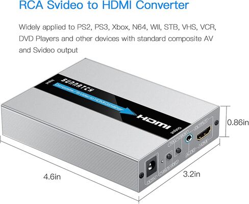 SUNNATCH RCA Svideo to HDMI Converter, RCA S-Video HDMI Adapter, Composite AV CVBS RCA to HDMI Converter, Composite or Svideo + R/L Audio in HDMI Out Converter for N64/ DVD/ PS2/ Xbox(Aluminum) in Kuwait