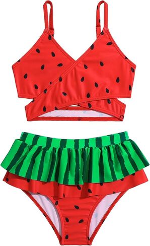 OYOANGLE Girls 2 Piece Bikini Set Watermelon Print Criss Cross Spaghetti Straps Ruffle Hem Cami Beachwear in Saudi Arabia