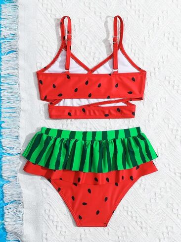 OYOANGLE Girls 2 Piece Bikini Set Watermelon Print Criss Cross Spaghetti Straps Ruffle Hem Cami Beachwear in Saudi Arabia