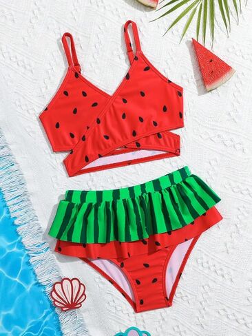 OYOANGLE Girls 2 Piece Bikini Set Watermelon Print Criss Cross Spaghetti Straps Ruffle Hem Cami Beachwear in Saudi Arabia