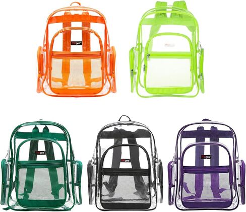 حقائب ظهر من MGgear بالجملة مكونة من 20 قطعة من مادة PVC الشفافة بخمسة ألوان متنوعة - أسود، برتقالي، أرجواني، أخضر، وأصفر، حقيبة ظهر شفافة مقاس 17 بوصة معتمدة من المدرسة، حقيبة نهارية، حقيبة استاد، حقيبة كتب in Kuwait