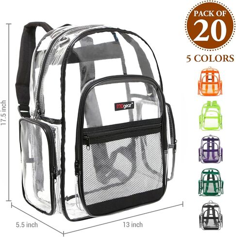 حقائب ظهر من MGgear بالجملة مكونة من 20 قطعة من مادة PVC الشفافة بخمسة ألوان متنوعة - أسود، برتقالي، أرجواني، أخضر، وأصفر، حقيبة ظهر شفافة مقاس 17 بوصة معتمدة من المدرسة، حقيبة نهارية، حقيبة استاد، حقيبة كتب in Kuwait