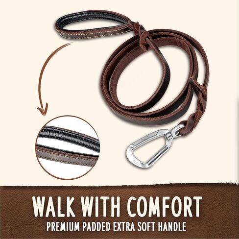 مقود جلدي مجدول للكلاب من مايتي باو - مقود أصلي عالي التحمل للحيوانات الأليفة - مقبض ناعم - مشبك دوار معدني قوي - مقود جلدي مضفر للكلاب الكبيرة - مقاود جلدية للكلاب - مقاس 6 بوصات قياسي/بني in Kuwait