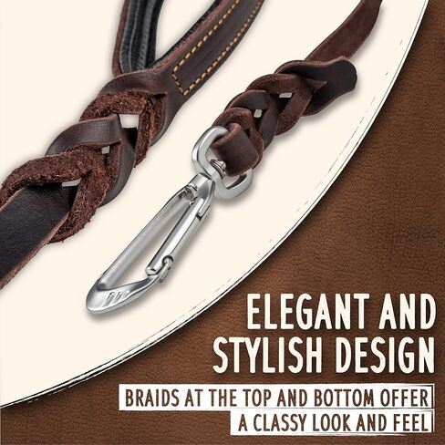 مقود جلدي مجدول للكلاب من مايتي باو - مقود أصلي عالي التحمل للحيوانات الأليفة - مقبض ناعم - مشبك دوار معدني قوي - مقود جلدي مضفر للكلاب الكبيرة - مقاود جلدية للكلاب - مقاس 6 بوصات قياسي/بني in Kuwait