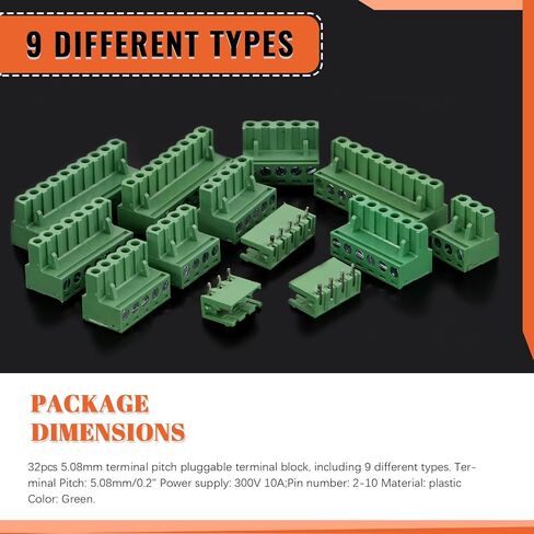 Tanstic 32Sets 5.08mm Pitch 2 3 4 5 6 7 8 9 10 Straight Pins PCB Mount Screw Terminal Block Male Female Pluggable Terminal Blocks Connector Socket Set in Saudi Arabia
