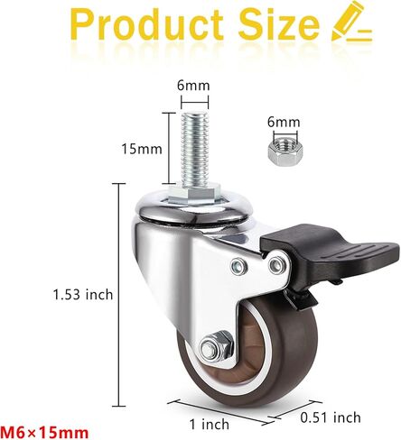 1.25 Inch Low Profile Furniture Casters, Mute Swivel Rubber Wheels with M6x15mm Stem Threaded Mini Casters, Load Capacity 150lbs in Kuwait