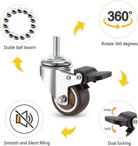 1.25 Inch Low Profile Furniture Casters, Mute Swivel Rubber Wheels with M6x15mm Stem Threaded Mini Casters, Load Capacity 150lbs in Kuwait