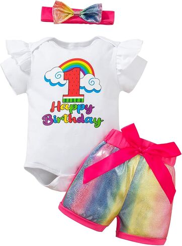 DANBAIEGG Baby Girl Watermelon Birthday Rainbow Set Romper+GlitterShorts+Headpiece 1-3T in Saudi Arabia