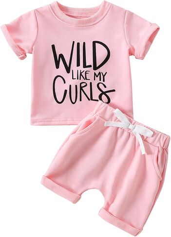 ملابس fhutpw للفتيات الصغيرات بأكمام قصيرة وقمصان وقمصان قصيرة ومجموعات ملابس صيفية 3 6 12 18 شهرًا (Wild Like My Curls Pink، 18-24 شهرًا) in Kuwait