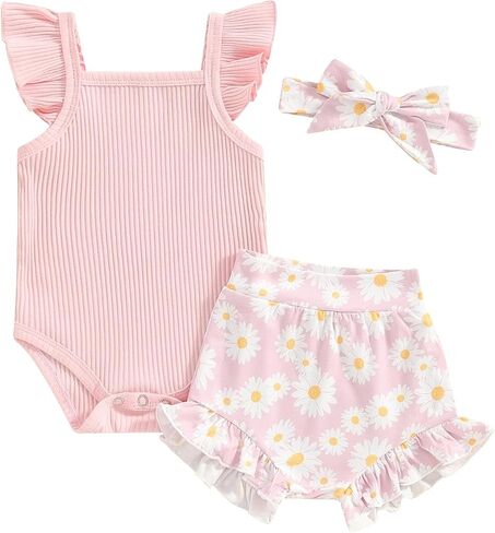 AEEMCEM Newborn Baby Girl Clothes Fly Sleeve Ribbed Romper Daisy Ruffle Shorts Headband Set 3Pcs Infant Girl Summer Outfits in Saudi Arabia