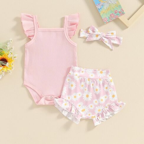 AEEMCEM Newborn Baby Girl Clothes Fly Sleeve Ribbed Romper Daisy Ruffle Shorts Headband Set 3Pcs Infant Girl Summer Outfits in Saudi Arabia