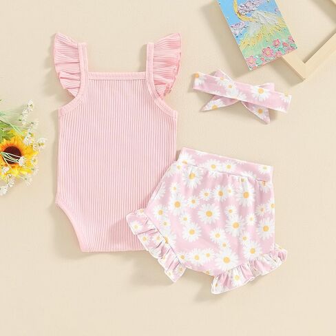 AEEMCEM Newborn Baby Girl Clothes Fly Sleeve Ribbed Romper Daisy Ruffle Shorts Headband Set 3Pcs Infant Girl Summer Outfits in Saudi Arabia