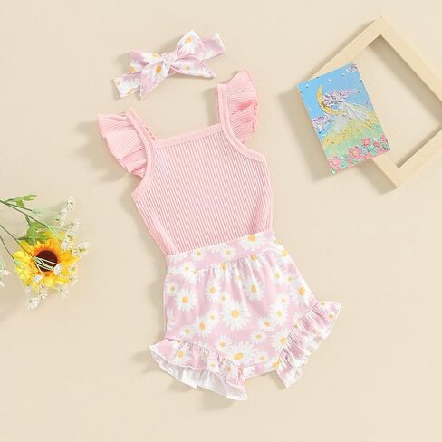 AEEMCEM Newborn Baby Girl Clothes Fly Sleeve Ribbed Romper Daisy Ruffle Shorts Headband Set 3Pcs Infant Girl Summer Outfits in Saudi Arabia