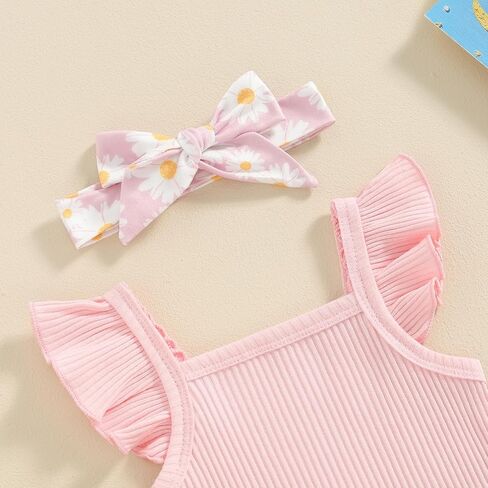 AEEMCEM Newborn Baby Girl Clothes Fly Sleeve Ribbed Romper Daisy Ruffle Shorts Headband Set 3Pcs Infant Girl Summer Outfits in Saudi Arabia
