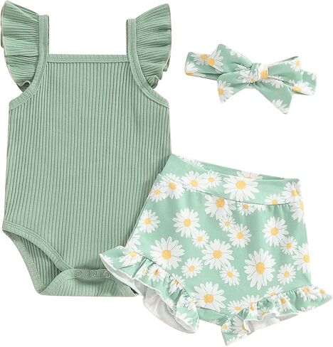 AEEMCEM Newborn Baby Girl Clothes Fly Sleeve Ribbed Romper Daisy Ruffle Shorts Headband Set 3Pcs Infant Girl Summer Outfits in Saudi Arabia