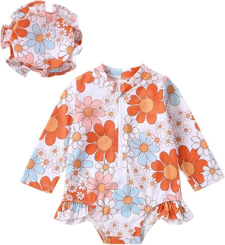 Toddler Baby Girl Swimsuit Zipper Rash Guard Bathing Suit Floral One Piece Bikini Ruffles Long Sleeve Swimwear in Saudi Arabia