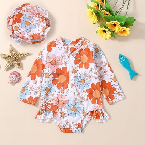 Toddler Baby Girl Swimsuit Zipper Rash Guard Bathing Suit Floral One Piece Bikini Ruffles Long Sleeve Swimwear in Saudi Arabia