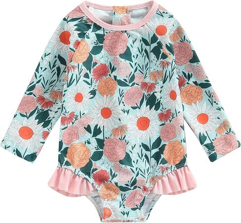 Toddler Baby Girl Swimsuit Zipper Rash Guard Bathing Suit Floral One Piece Bikini Ruffles Long Sleeve Swimwear in Saudi Arabia