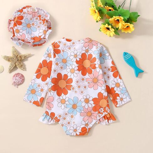 Toddler Baby Girl Swimsuit Zipper Rash Guard Bathing Suit Floral One Piece Bikini Ruffles Long Sleeve Swimwear in Saudi Arabia