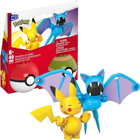 MEGA Pokémon Building Toys Set Pikachu & Zubat with 40 Pieces, 2 Poseable Characters and Poké Ball, 2 Inches Tall, for Kids in Saudi Arabia