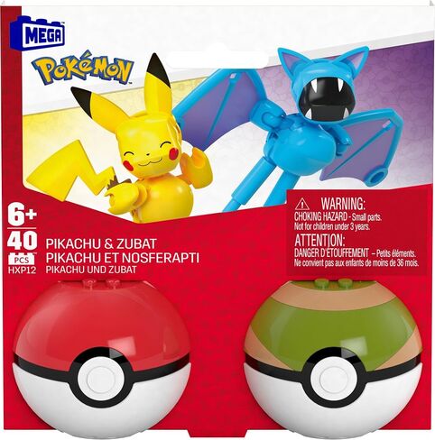 MEGA Pokémon Building Toys Set Pikachu & Zubat with 40 Pieces, 2 Poseable Characters and Poké Ball, 2 Inches Tall, for Kids in Saudi Arabia