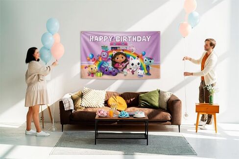 Happy Birthday Banner Cute Cat Funny Banner Flag Cartoon Colored Banner,3×5FT,100% Polyester,Bedroom Dining Room Home Decor. in Saudi Arabia
