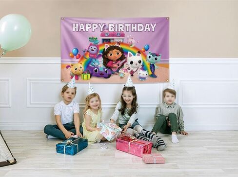 Happy Birthday Banner Cute Cat Funny Banner Flag Cartoon Colored Banner,3×5FT,100% Polyester,Bedroom Dining Room Home Decor. in Saudi Arabia
