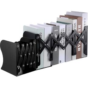 2PCS Heavy Duty Metal Bookends, Adjustable Book Organizer for Shelves & Desk with Non-Slip Pads, 3 Compartments, Extends up to 19 inches, Office & Home Use (Black) in Kuwait