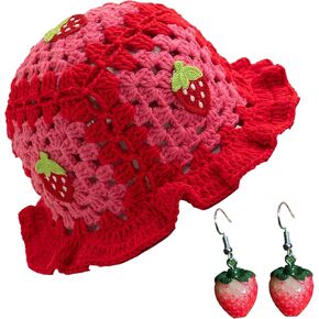 2Pcs Strawberry Hat with Earrings Cute Crochet Bucket Hats for Women Handmade Floral Hat Foldable Knitted Hats in Saudi Arabia