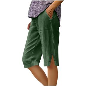 Linen Bermuda Shorts for Women Knee Length Summer Casual Elastic Waisted Side Split Button Shorts with Pockets in Saudi Arabia