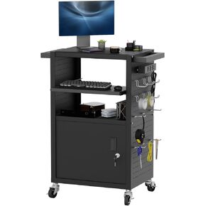 Mobile AV Cart - Heavy Duty Computer Cart with Cabinet, Rolling Media Cart with 4 Outlets & Pullout Keyboard Tray, Lock Brake Wheels Mobile Computer Workstation, Customized Pegboard & Hooks in Saudi Arabia