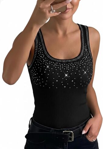 CHICME Womens Sleeveless U Neck Tank Top Rhinestone Ribbed Fitted Shirts Cute Summer Going Out Clothes 2026 in Saudi Arabia