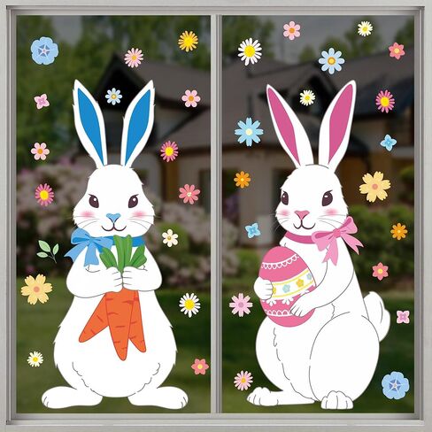 4 Sheets Extra Large Easter Bunny Window Clings Cute Rabbit Double-Sided Window Stickers Reusable Cartoon Bunny Windows Decals with Flowers Eggs for Spring Holiday Party Home Office School Glass Decor in Saudi Arabia
