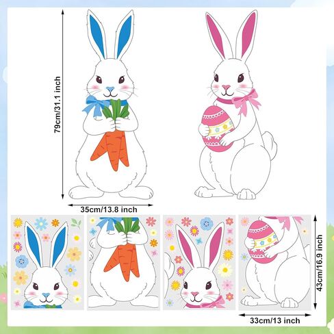 4 Sheets Extra Large Easter Bunny Window Clings Cute Rabbit Double-Sided Window Stickers Reusable Cartoon Bunny Windows Decals with Flowers Eggs for Spring Holiday Party Home Office School Glass Decor in Saudi Arabia