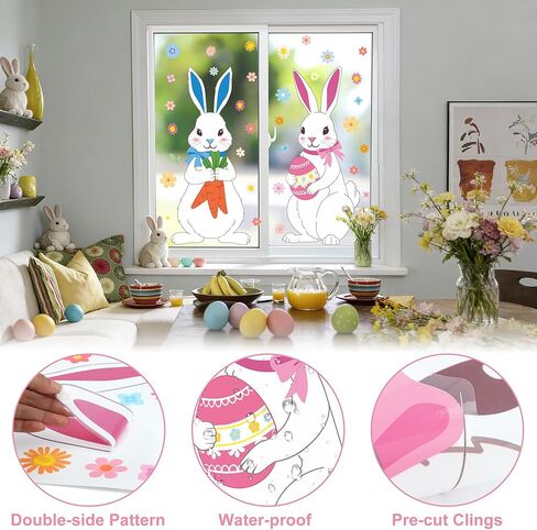 4 Sheets Extra Large Easter Bunny Window Clings Cute Rabbit Double-Sided Window Stickers Reusable Cartoon Bunny Windows Decals with Flowers Eggs for Spring Holiday Party Home Office School Glass Decor in Saudi Arabia