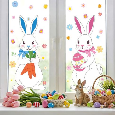 4 Sheets Extra Large Easter Bunny Window Clings Cute Rabbit Double-Sided Window Stickers Reusable Cartoon Bunny Windows Decals with Flowers Eggs for Spring Holiday Party Home Office School Glass Decor in Saudi Arabia