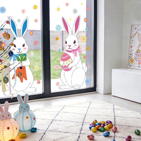 4 Sheets Extra Large Easter Bunny Window Clings Cute Rabbit Double-Sided Window Stickers Reusable Cartoon Bunny Windows Decals with Flowers Eggs for Spring Holiday Party Home Office School Glass Decor in Saudi Arabia
